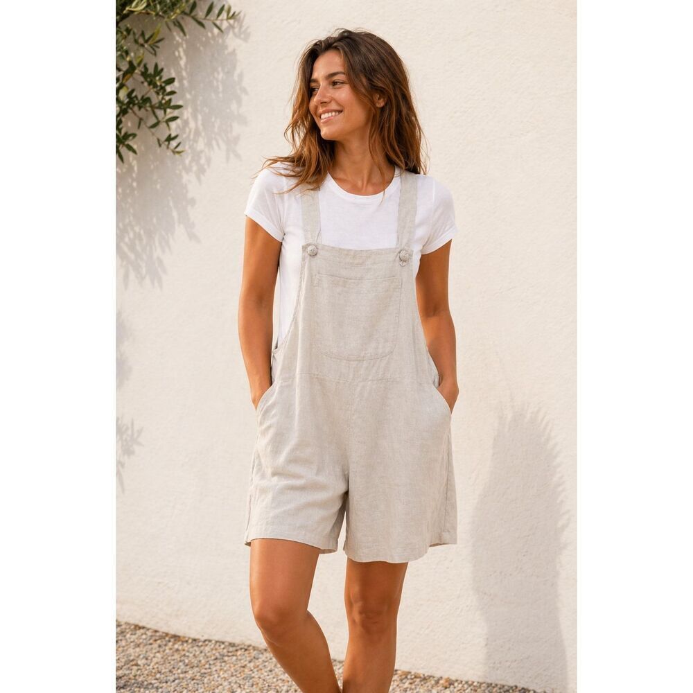 Oysho Womens Beige Linen Square Neck Pocket Wide Leg Overall Shorts Size Small